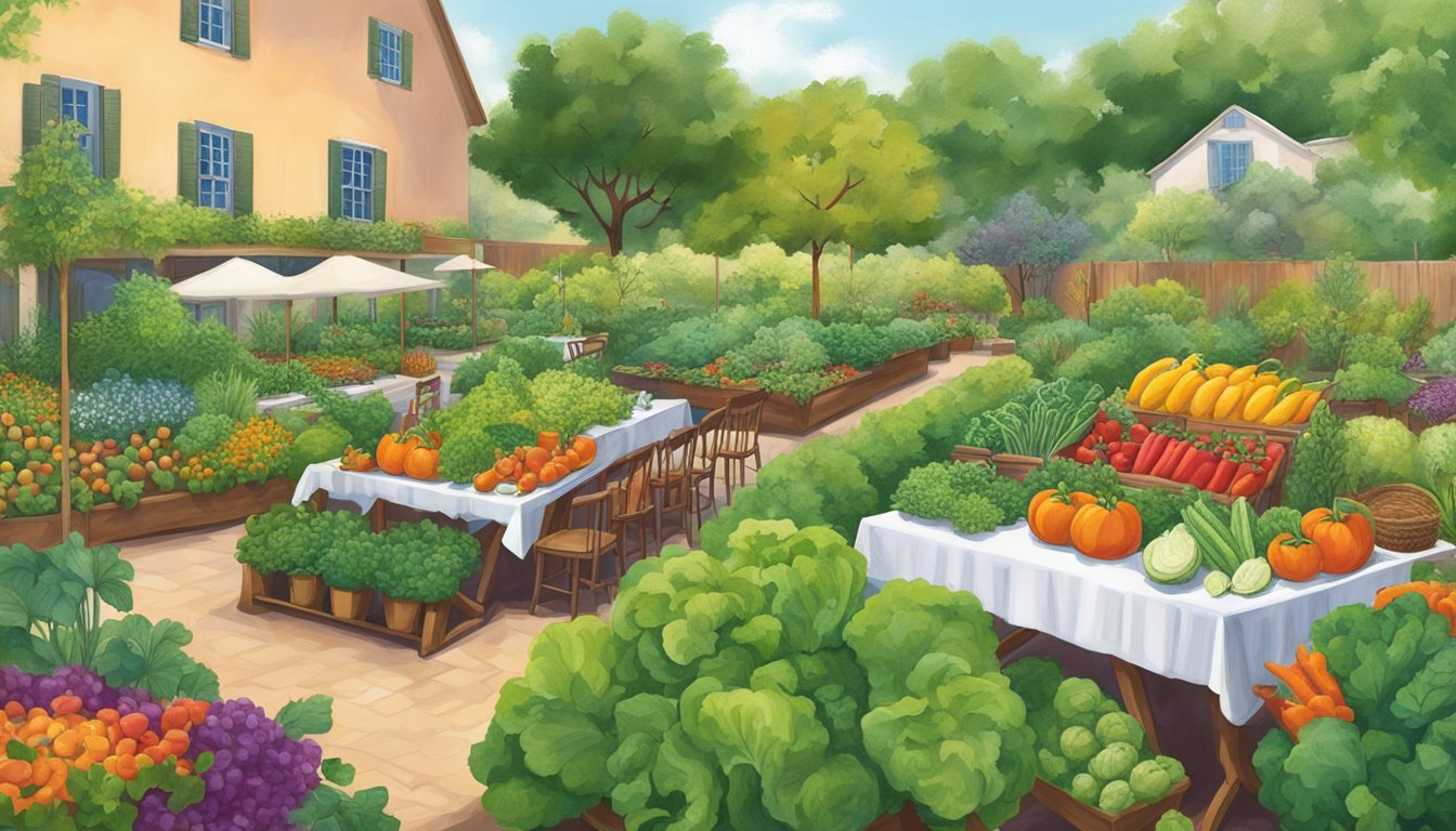 A vibrant garden scene with fresh vegetables and herbs, surrounded by a farm-to-table setting in San Antonio