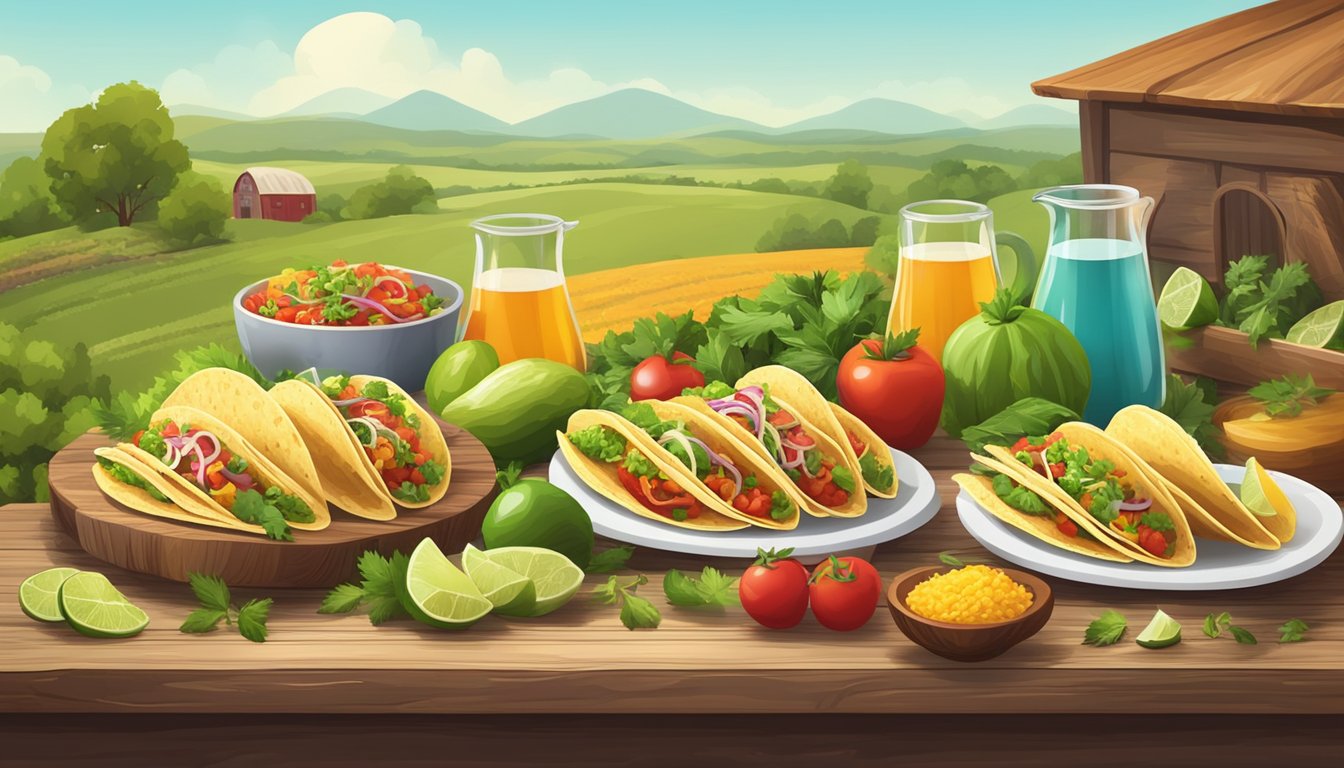 A rustic wooden table with 7 colorful tacos surrounded by fresh ingredients and herbs, set against a backdrop of a farm landscape