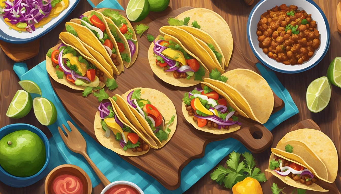 Seven colorful farm-fresh tacos arranged on a wooden serving board in a vibrant San Antonio setting