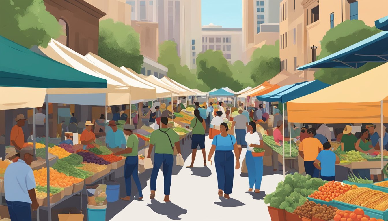 A bustling farmers' market in San Antonio, with colorful stalls selling fresh produce and vendors crafting farm-to-table tacos