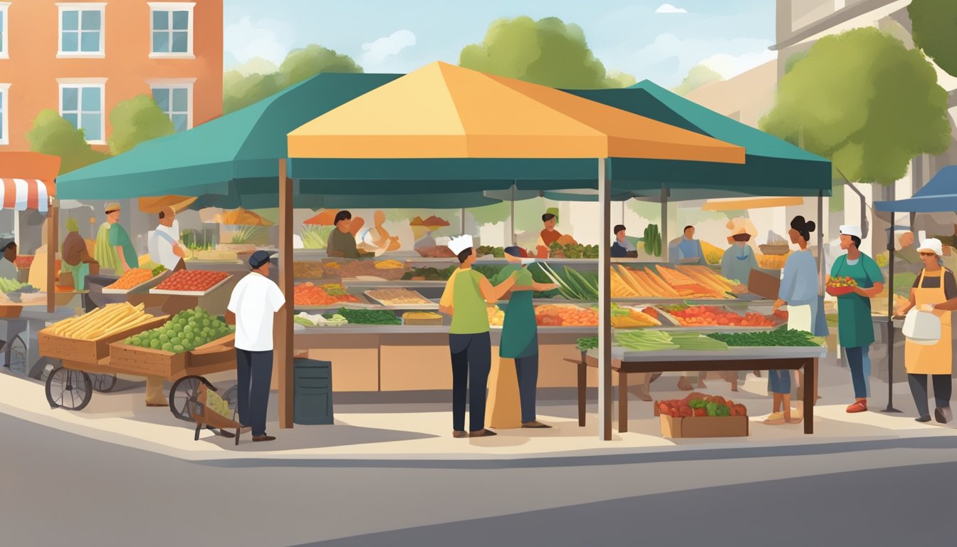 A bustling farmer's market with vendors selling fresh produce and meats, a chef preparing farm-to-table tacos, and happy customers enjoying the delicious, locally sourced food