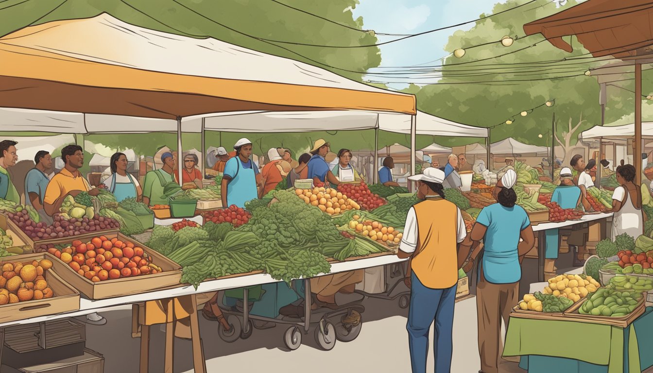 A bustling farmer's market with vendors selling fresh, local produce. A chef carefully selects unique ingredients, including heirloom tomatoes and organic peppers, for farm-to-table tacos in San Antonio