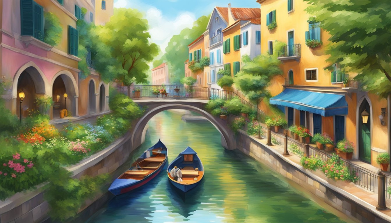 A bustling river walk with colorful boats, lush greenery, and charming architecture lining the waterway