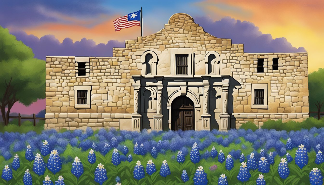 The Alamo stands proudly in the heart of Texas, surrounded by vibrant bluebonnets and the iconic lone star flag