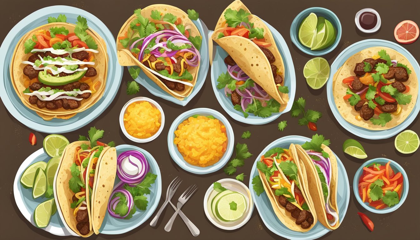 A table set with six different types of tacos surrounded by a variety of colorful and appetizing side dishes