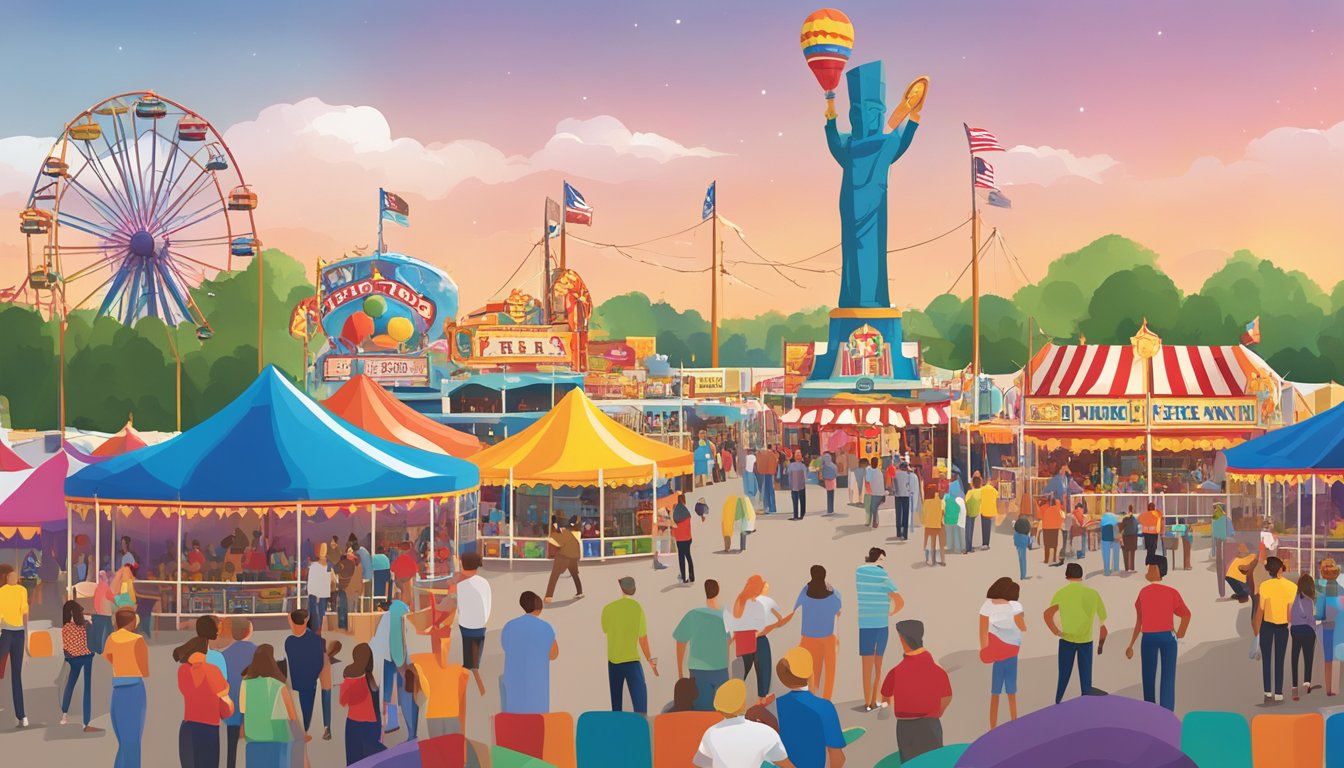 Crowds gather around colorful carnival rides and games at the Texas State Fair, with the iconic Big Tex statue towering in the background