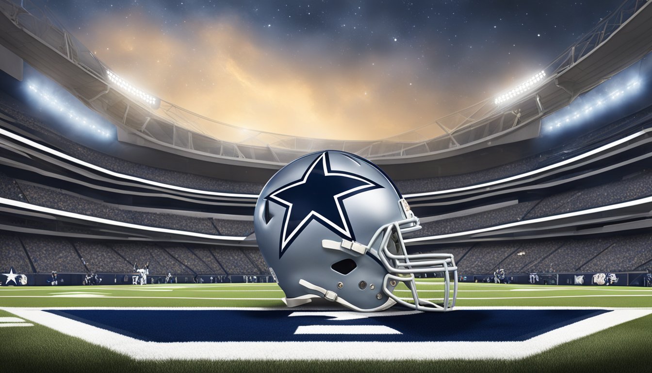 A lone star shining over a football field with Dallas Cowboys memorabilia scattered around, including jerseys, helmets, and banners