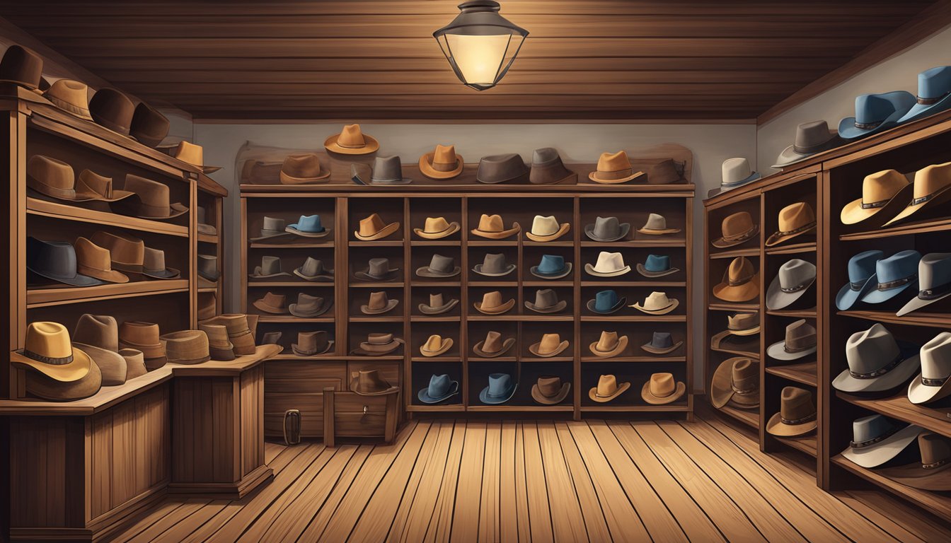 A rustic western hat shop with handcrafted cowboy hats on display