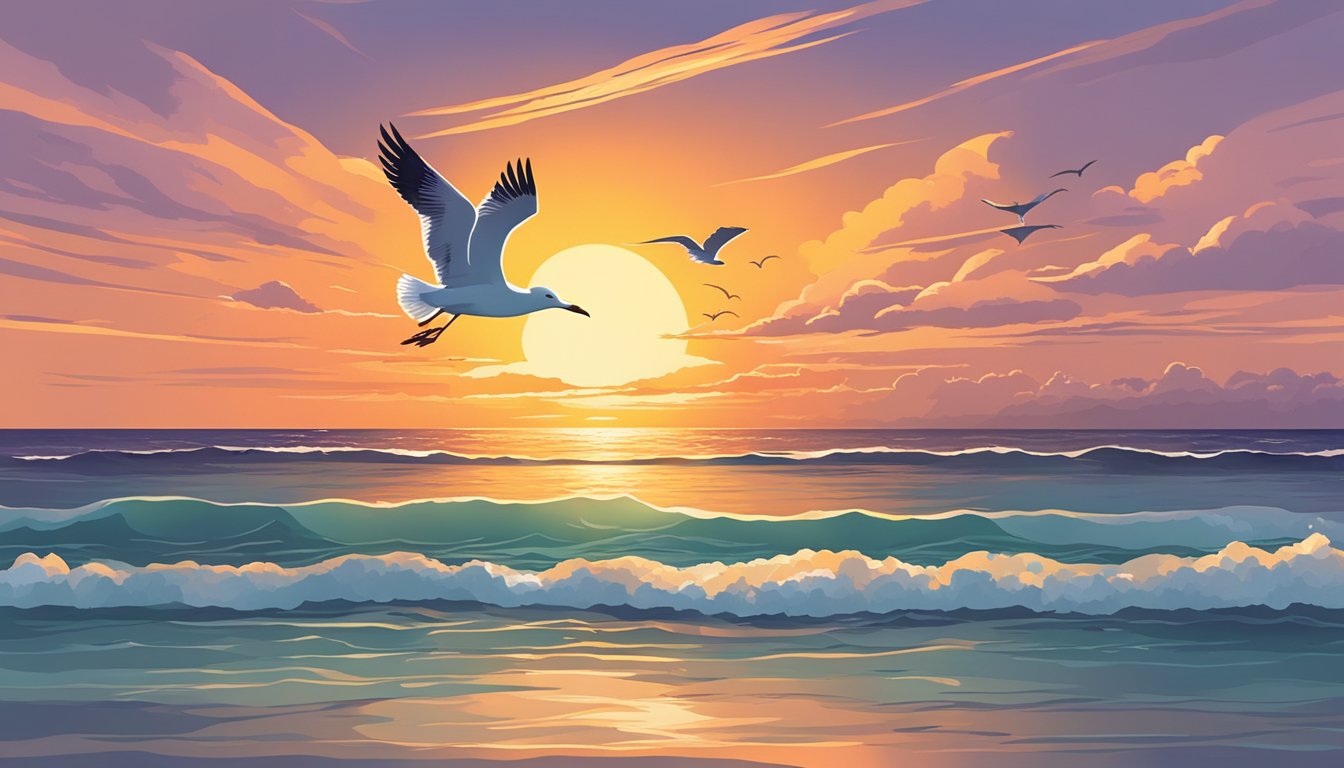 A colorful sunset over the calm waters of Padre Island National Seashore, with seagulls flying overhead and waves gently lapping at the shore