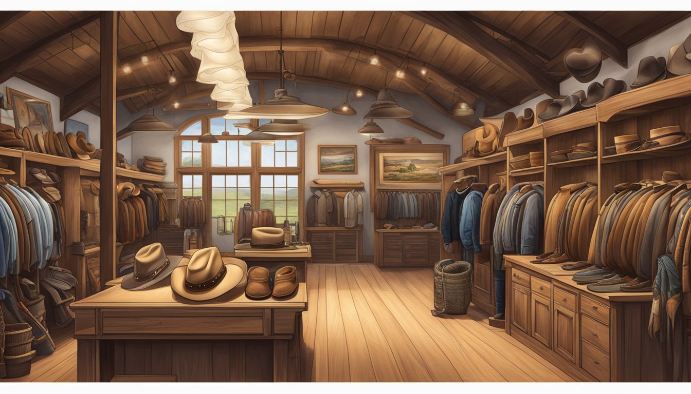 A traditional Texas ranch scene with a cowboy hat shop featuring a display of custom-made cowboy hats and Western wear