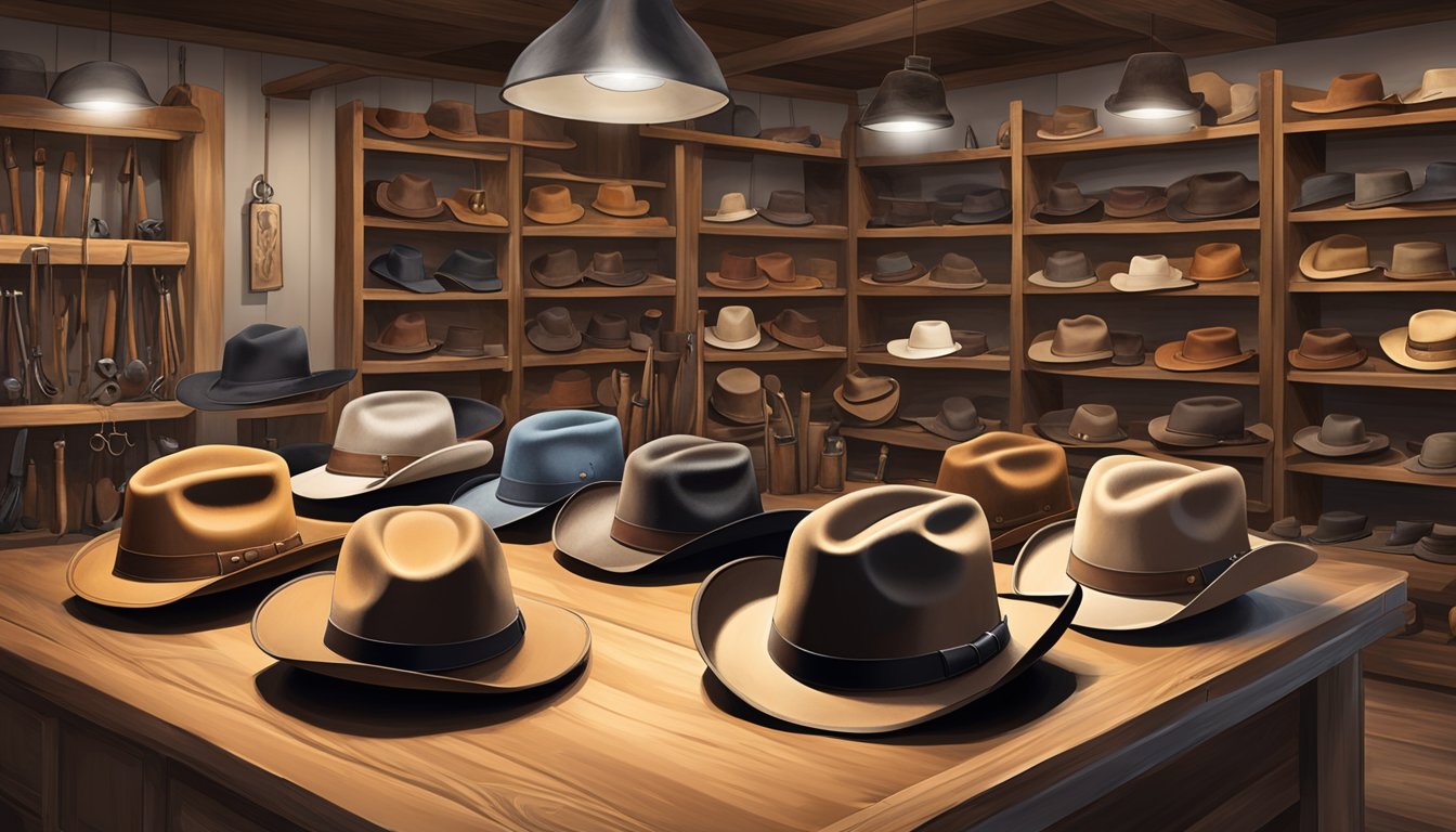 A rustic workshop filled with tools and materials for crafting cowboy hats, with a display of finished hats showcasing Cavender's Custom Hatters' craftsmanship