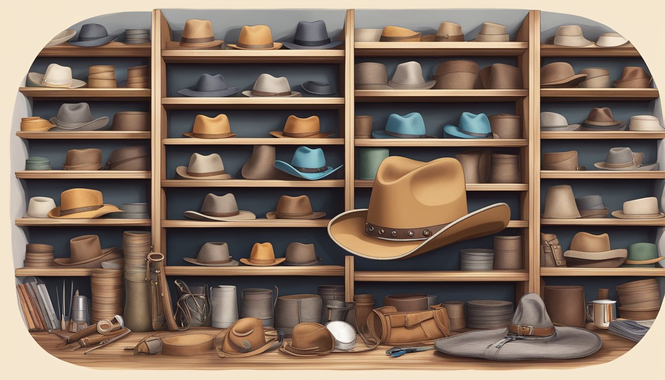 A skilled hatter meticulously shapes and stitches premium felt to create a custom cowboy hat, surrounded by shelves of high-quality materials and tools