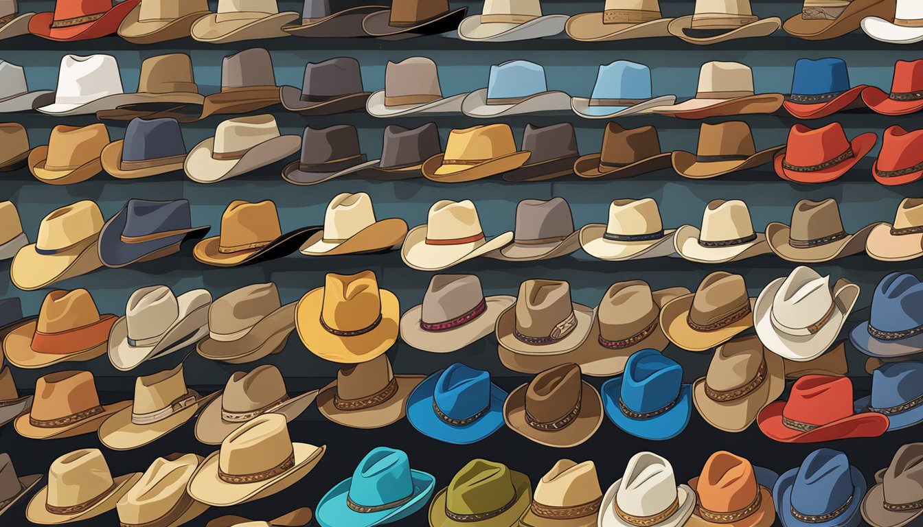 A row of colorful cowboy hats on display in a western-style hat shop in Texas