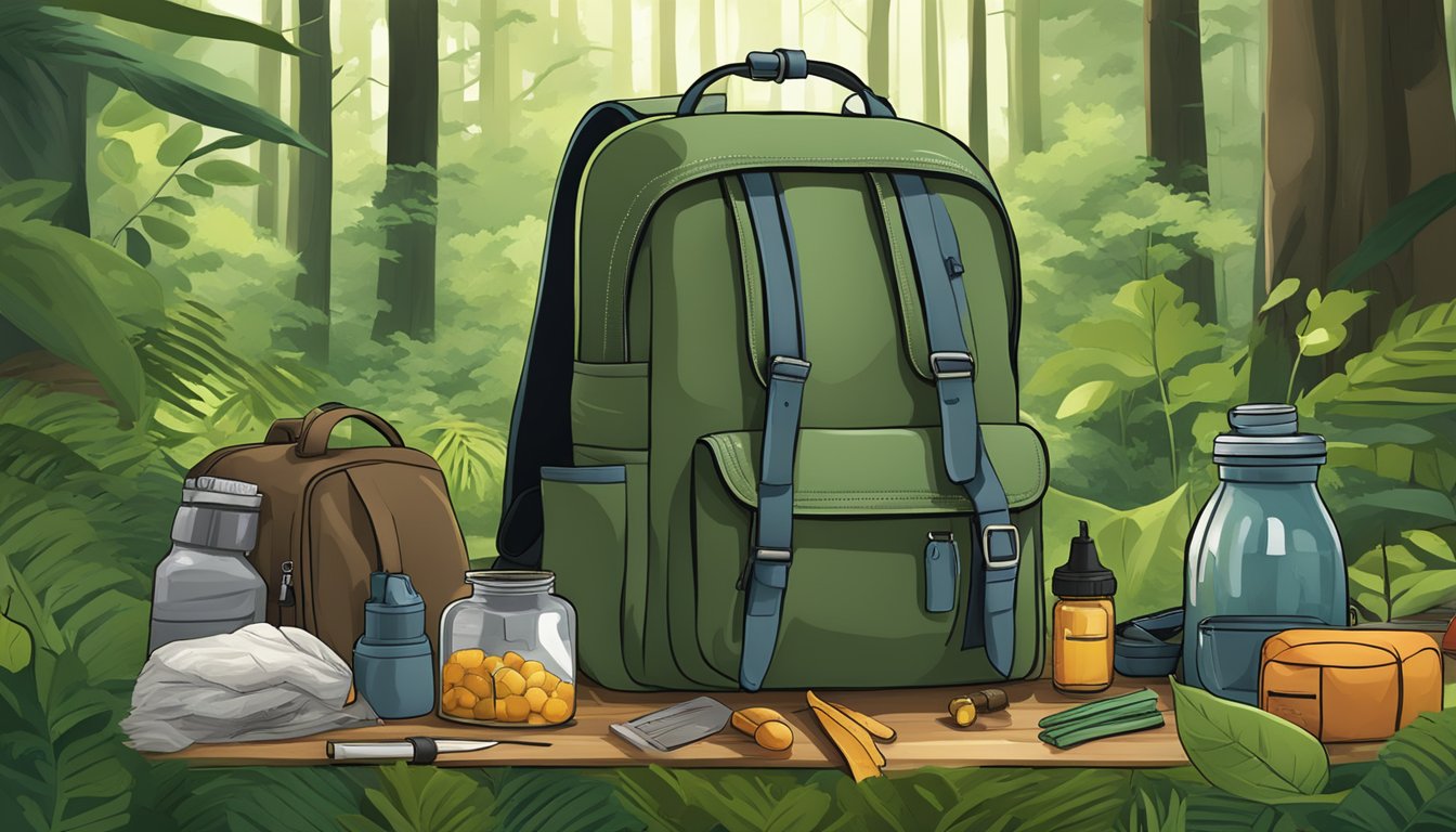 A Kanken backpack surrounded by foraging tools and essentials in a lush forest setting