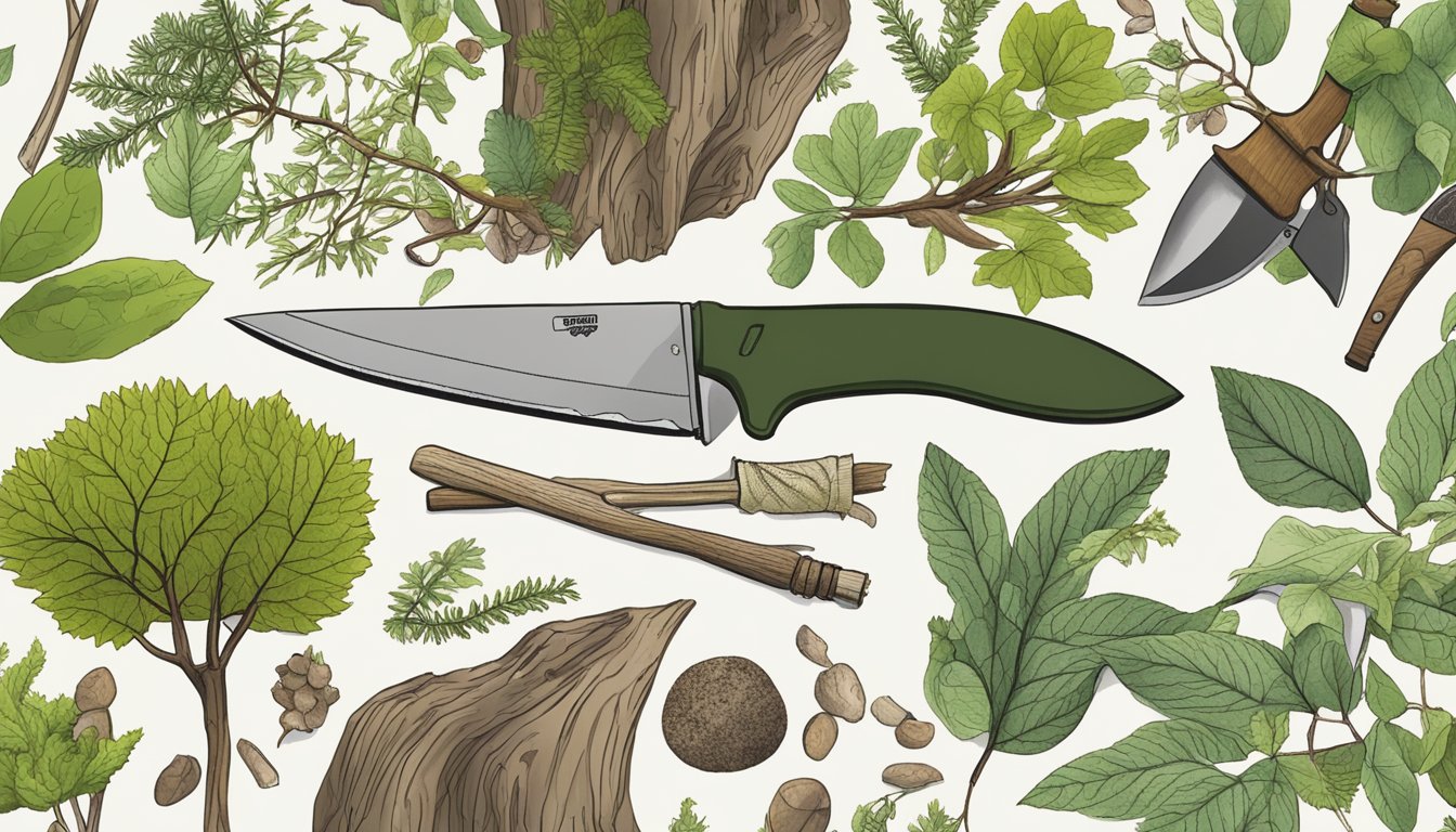 A forest floor with scattered wild plants, a MoraKniv Companion knife, and various foraging tools laid out for use