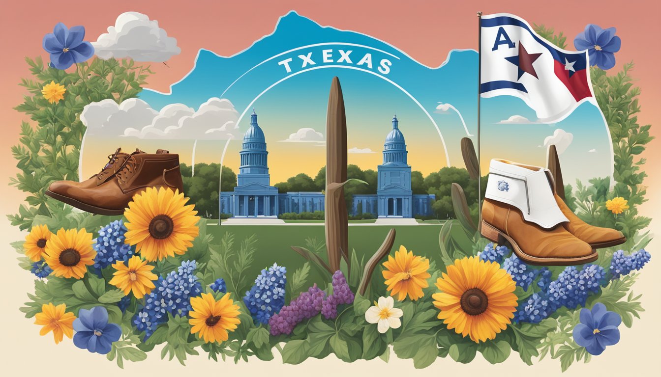 A vibrant collage of iconic Texas symbols, including bluebonnets, cowboy boots, BBQ, and the A&M University logo, set against a backdrop of the Texas flag