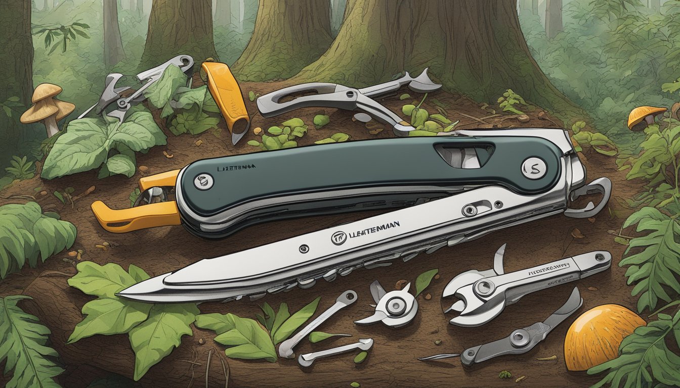 A Leatherman Wave+ Multitool amidst foraged plants and mushrooms in a forest setting, with essential tools and tips displayed nearby for success