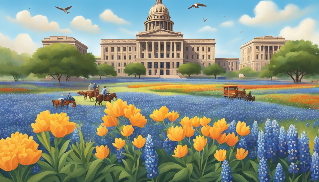 A diverse group of iconic Texas symbols, including bluebonnets, cowboy boots, and the state capitol, arranged in a lively and colorful composition