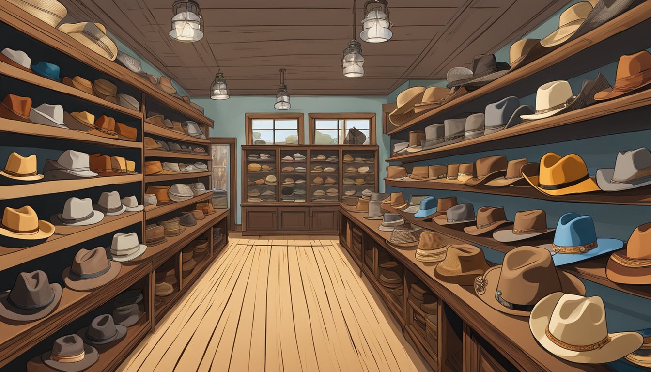 A cowboy hat shop in Texas, with rows of beautifully crafted hats on display, surrounded by images and artifacts highlighting the cultural significance of cowboy hats