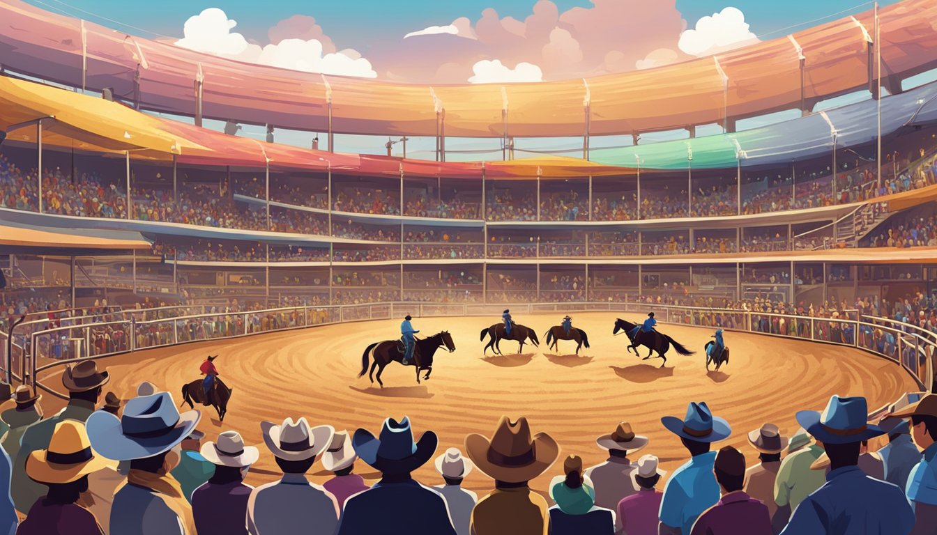 A bustling rodeo arena with colorful cowboy hats, lively music, and an array of livestock