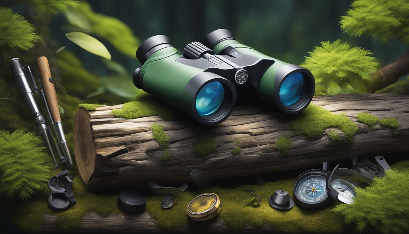 A pair of Bestsight Night Vision Binoculars rests on a moss-covered log, surrounded by foraging tools such as a compass, knife, and flashlight