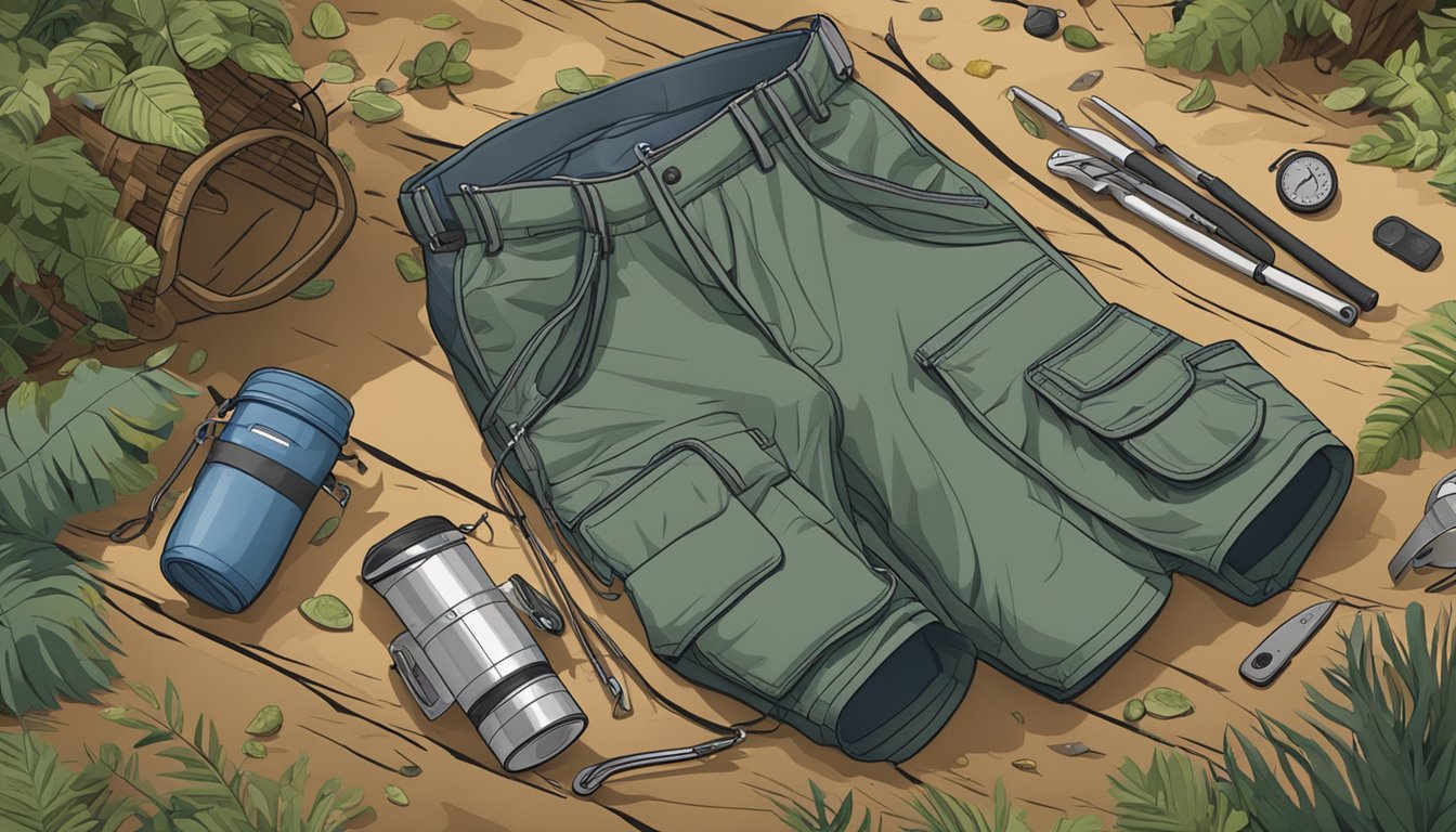 A pair of Columbia Silver Ridge Convertible Pants lying next to a foraging basket with essential tools scattered around on the forest floor