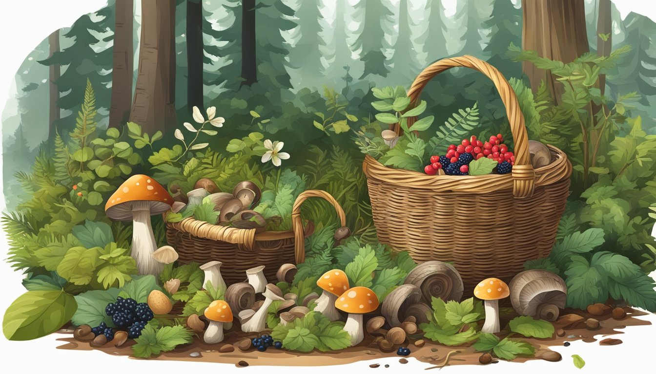 A forest clearing with a variety of plants, mushrooms, and berries. Essential foraging tools such as a basket, knife, and guidebook are scattered on the ground