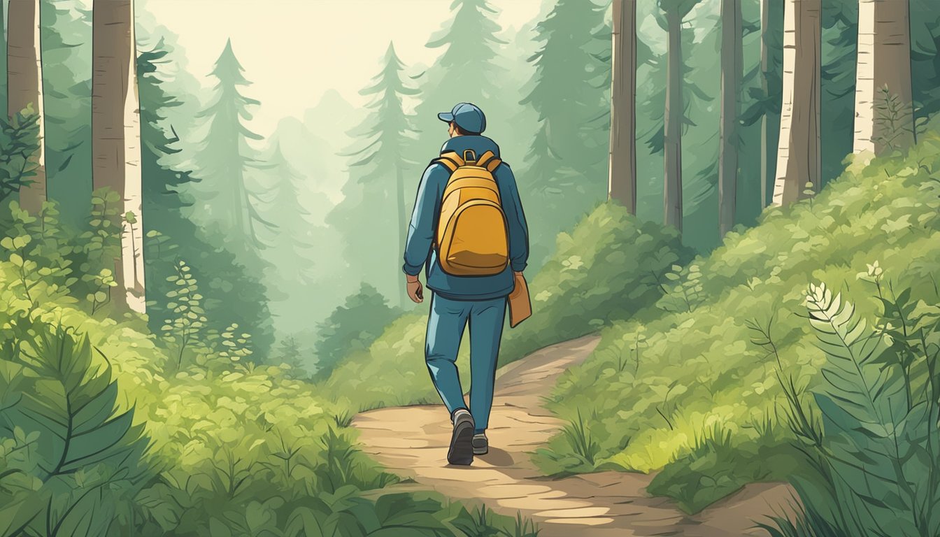 A person wearing a backpack and holding a sturdy basket gathers wild plants and mushrooms in a lush, green forest. They carry a guidebook and a pair of durable gloves