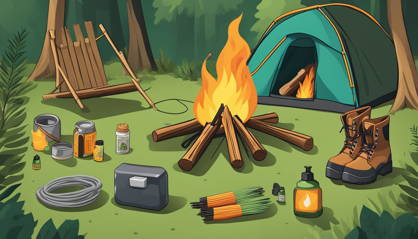 A campfire surrounded by insect repellent gear and accessories, with tips and tricks displayed nearby