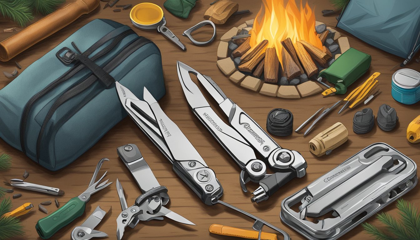 A Leatherman Wave Plus multitool sits next to a crackling campfire, surrounded by camping gear and tools