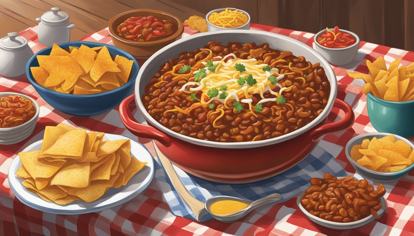 A steaming hot bowl of Frito Pie sits on a checkered tablecloth, surrounded by the other unique Texas dishes. The aroma of chili and melted cheese fills the air