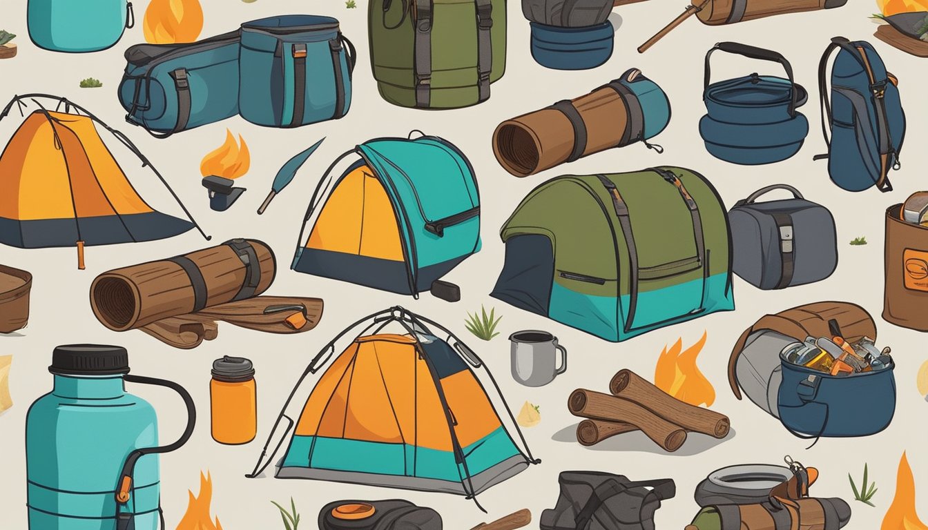 A Hydro Flask Wide Mouth Bottle sits next to a crackling campfire, surrounded by camping gear and supplies