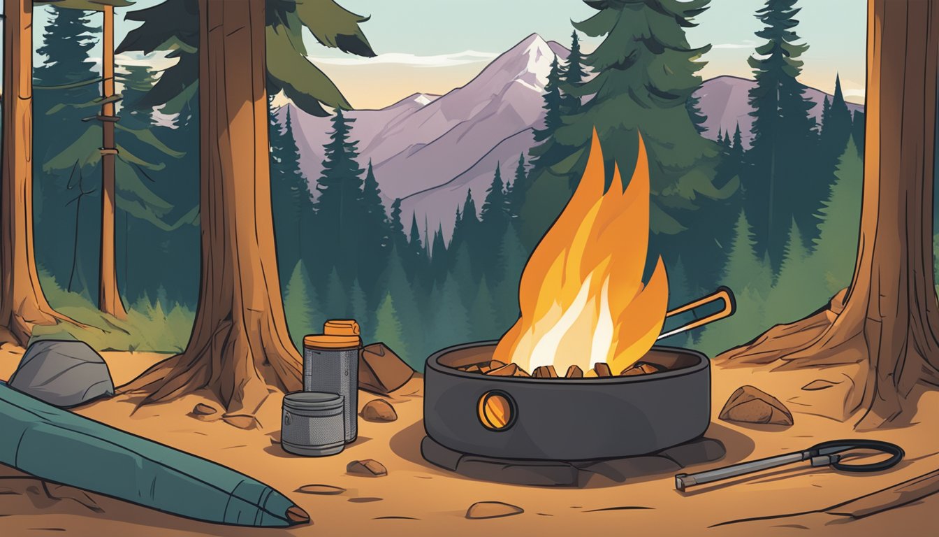 A cozy campfire with a Therm-a-Rest Z Seat Cushion, surrounded by camping gear and flickering flames