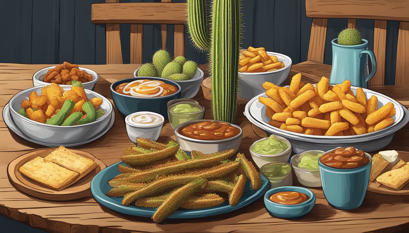 A table set with a spread of unusual Texas dishes, including cactus fries, in a rustic restaurant setting