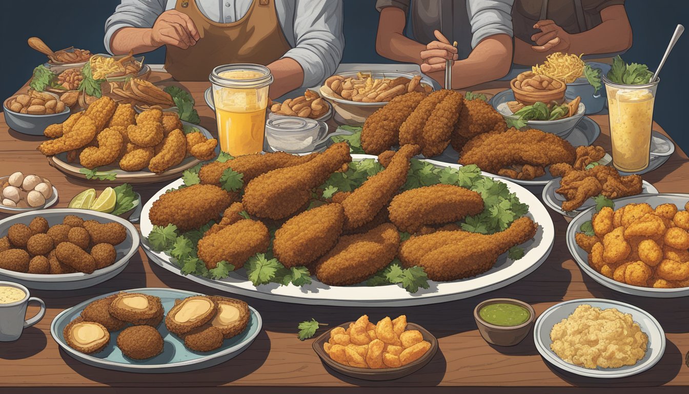 A table adorned with six peculiar Texas dishes, including deep-fried pickles, armadillo eggs, and chicken-fried steak, surrounded by curious onlookers