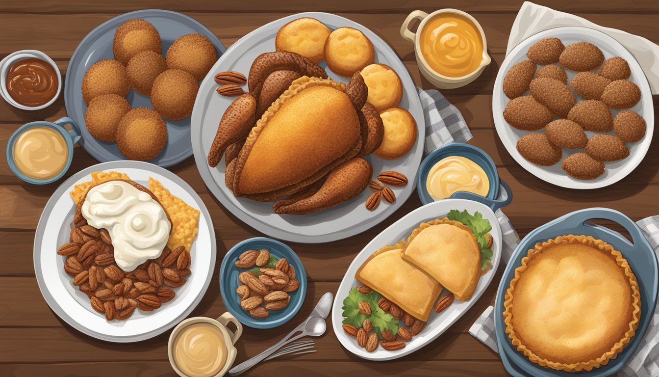 A table set with 6 Texan dishes: armadillo eggs, chicken-fried steak, chili, kolaches, pecan pie, and queso