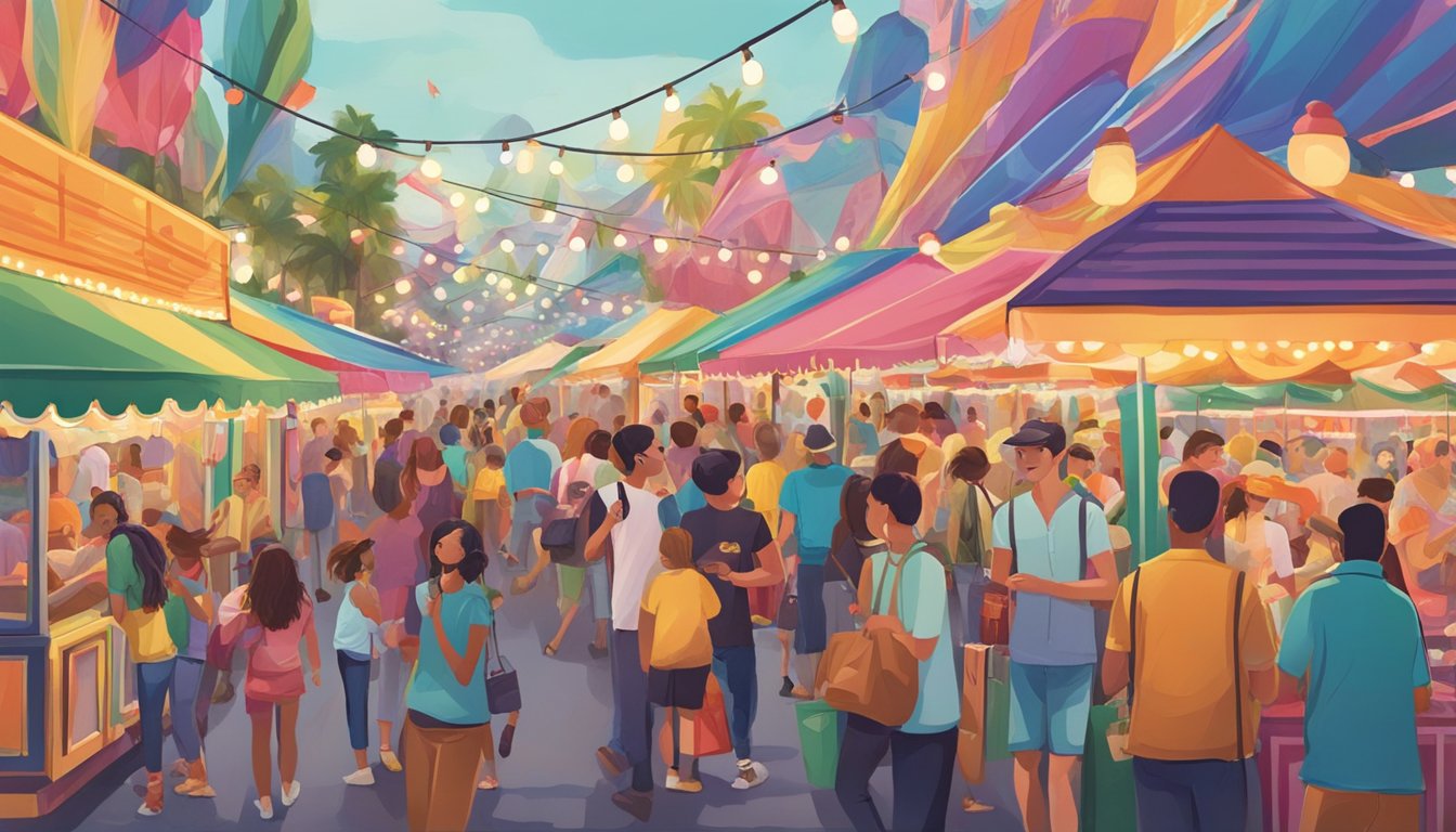 Colorful game booths line the bustling Midway, filled with eager fairgoers trying their luck. Bright lights and lively music create a festive atmosphere