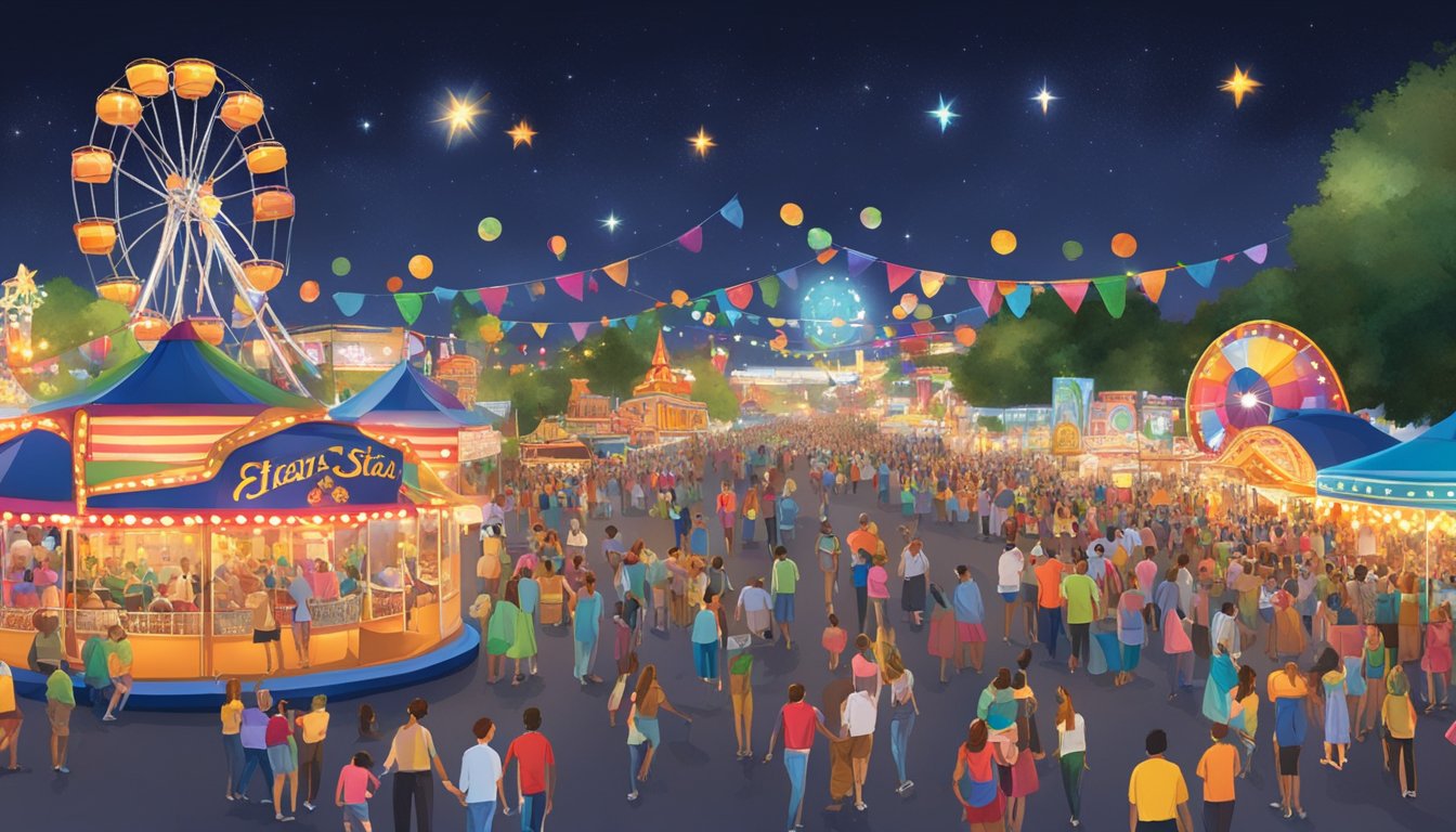 Colorful floats and bright lights parade through the Texas State Fair, with a backdrop of the night sky filled with stars