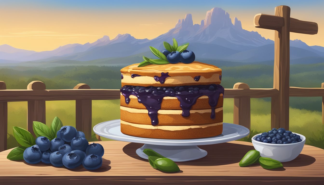 A rustic wooden table with a slice of Blueberry Jalapeño Jam Cake, surrounded by fresh blueberries and jalapeños, set against a backdrop of the Texas landscape