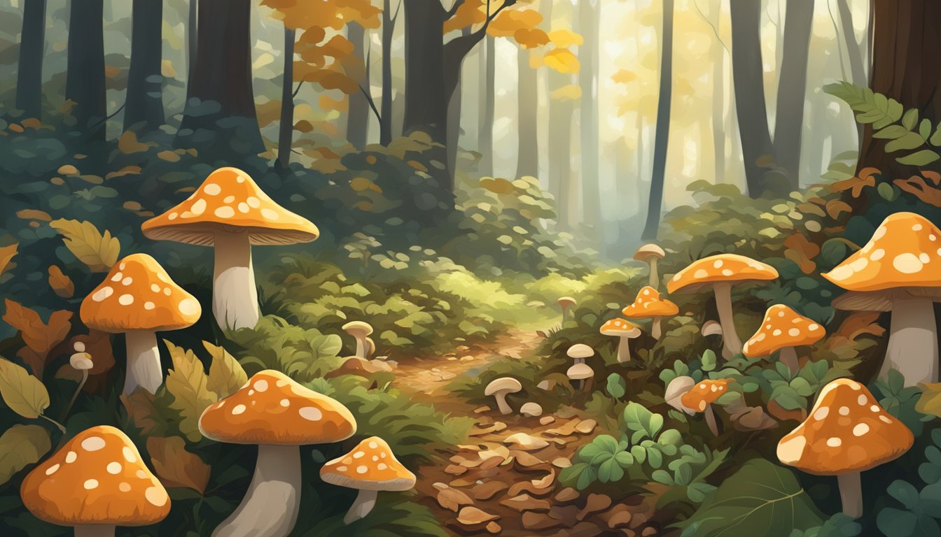 A dense forest floor with various types of mushrooms growing in clusters, surrounded by fallen leaves and dappled sunlight