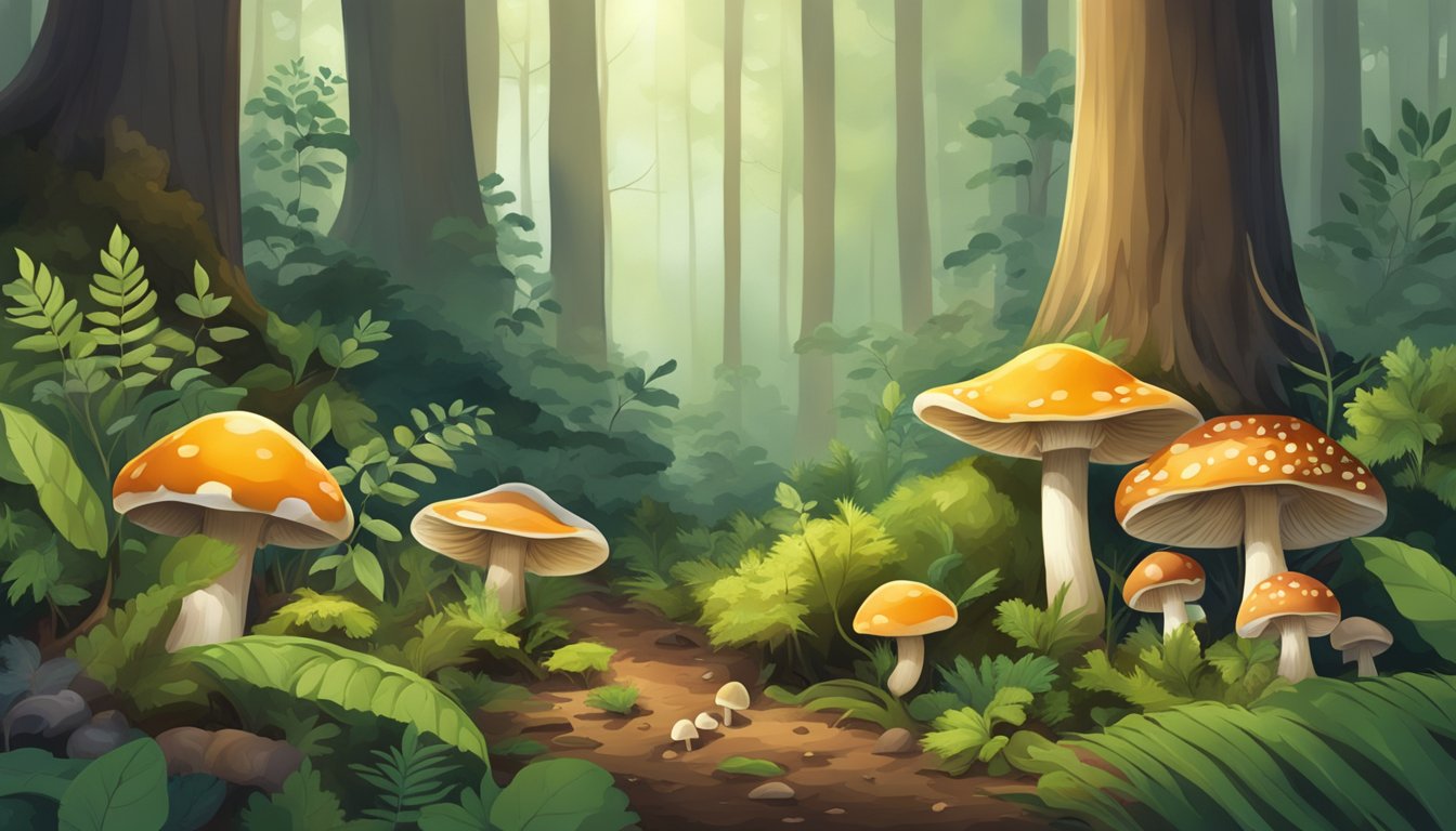 A forest floor with various species of mushrooms, surrounded by trees and foliage