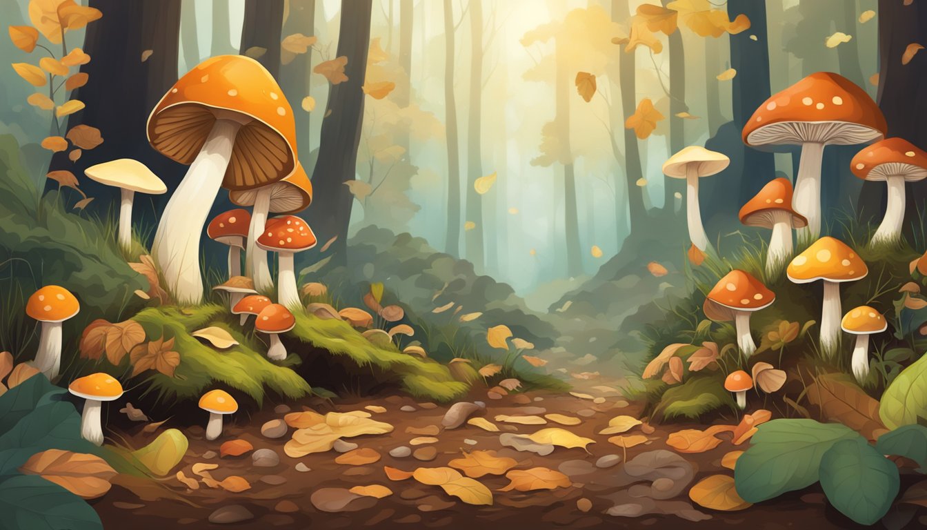 A forest floor with various mushrooms of different shapes, sizes, and colors, surrounded by fallen leaves and damp soil