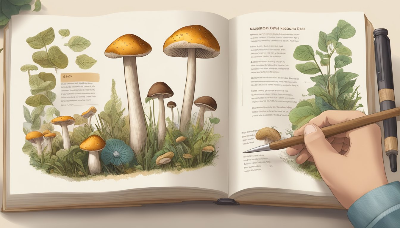 A hand holding a mushroom field guide open to a page with detailed illustrations and text