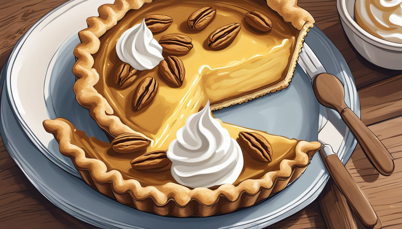 A golden Buttermilk Chess Pie sits on a rustic wooden table, surrounded by pecans and a dollop of whipped cream