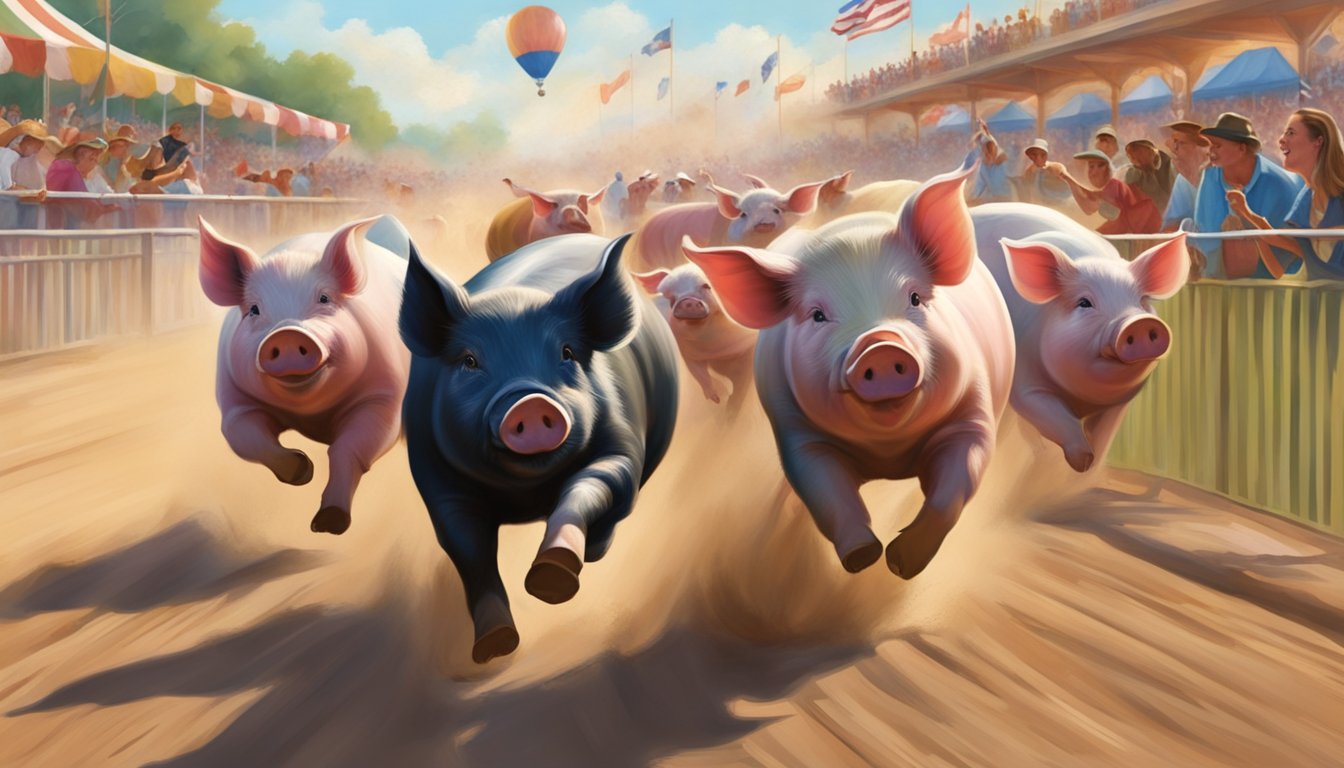 Pigs racing around a dirt track, cheered on by a lively crowd at the Texas State Fair