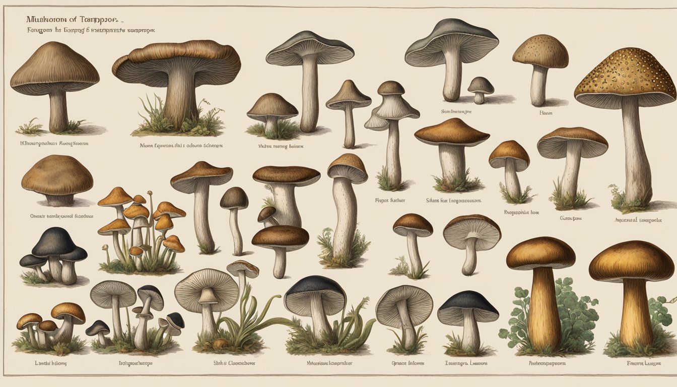 A collection of various mushrooms arranged on a wooden table, with a copy of "Fungi of Temperate Europe" by Thomas Laessoe open to a page on mushroom identification