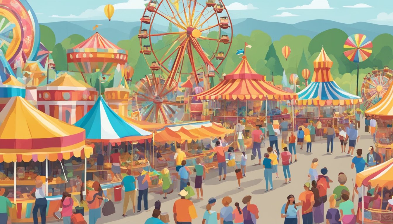 Colorful carnival rides and games fill the fairgrounds, with crowds of people enjoying the excitement. Food vendors offer classic fair treats, and live music fills the air