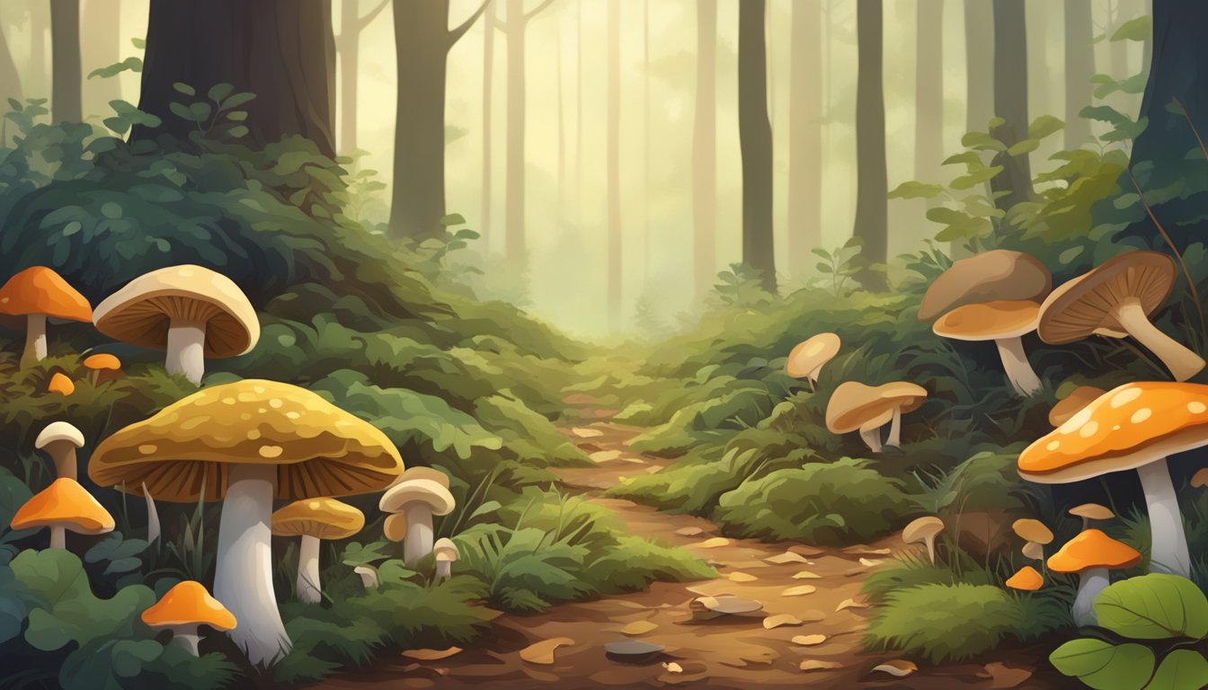 A forest floor with various types of wild mushrooms growing among fallen leaves and moss