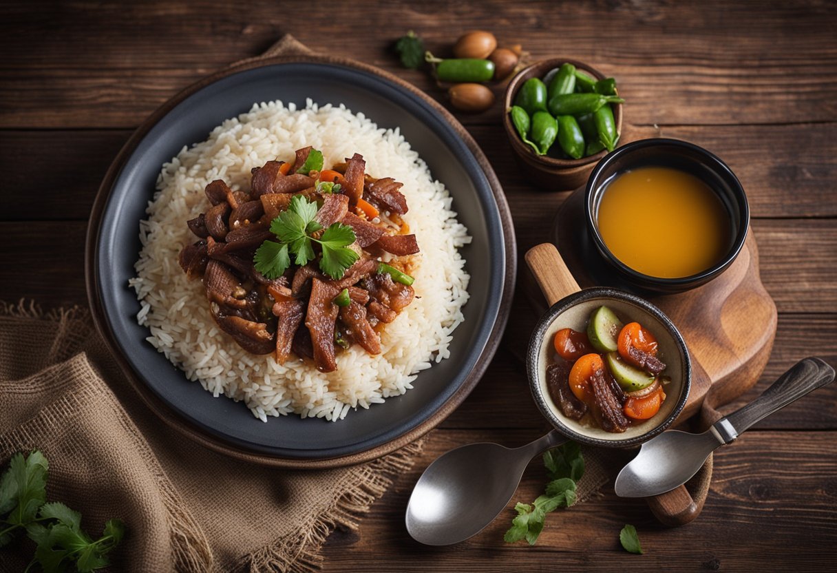 Uma mesa de madeira rústica com uma panela fumegante de arroz carreteiro, cercada por ingredientes tradicionais gaúchos como carne bovina, bacon e vegetais.