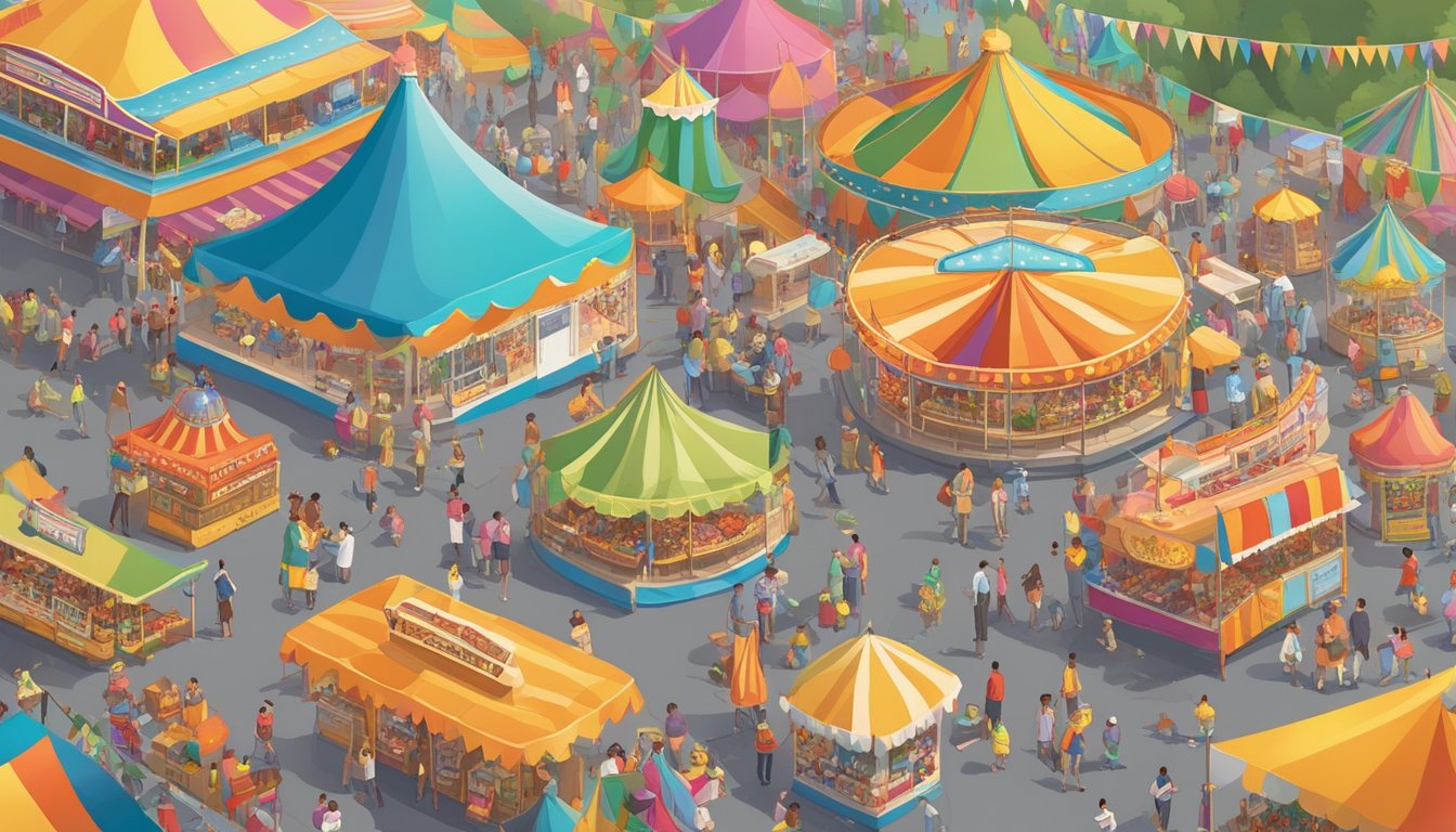 Crowds move through colorful tents and rides, with the iconic Ferris wheel towering above. The scent of fried food fills the air as families enjoy games and entertainment